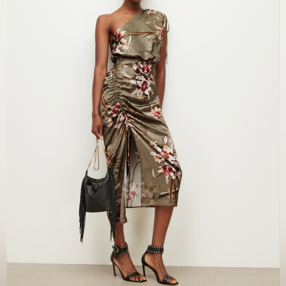 All Saints Dresses & Skirts - NWT ALLSAINTS Khaki Green Floral Laura Dorada One Shoulder Silk Blend Dress 4